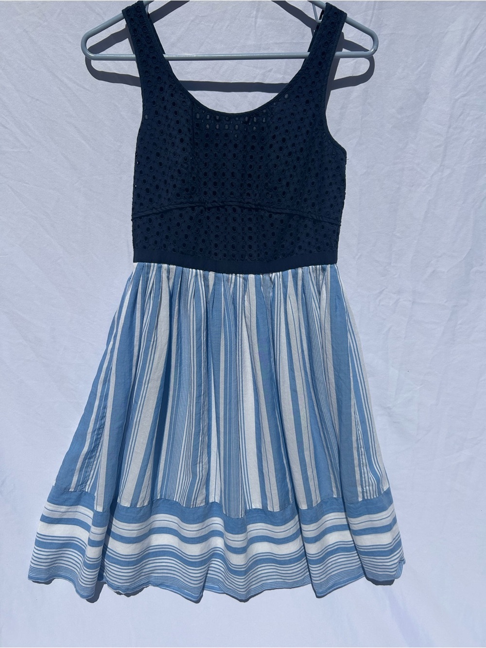 LOFT Navy Eyelet Bodice Blue & White Striped Skater Dress size 2